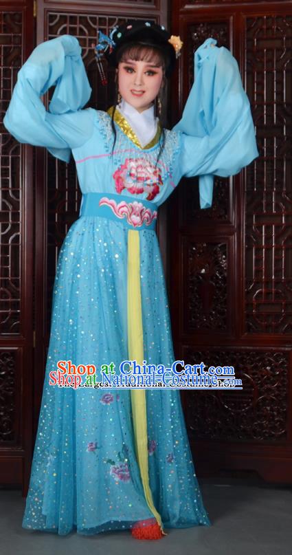 Chinese Ancient Peri Princess Embroidered Blue Dress Traditional Peking Opera Actress Costumes for Adults