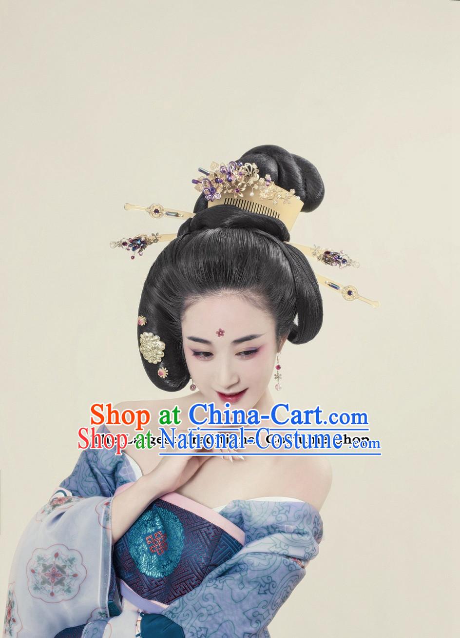 Traditional Ancient Chinese Empress Wig Hair Jewelry Japanese Black Wig Hair Accessories Complete Set