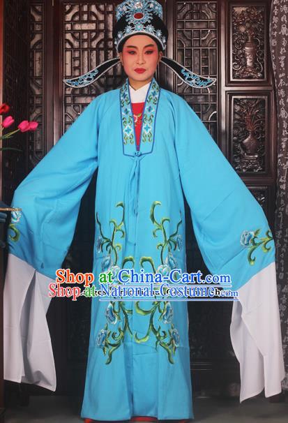 Top Grade Chinese Beijing Opera Scholar Costumes Peking Opera Niche Embroidered Blue Clothing for Adults