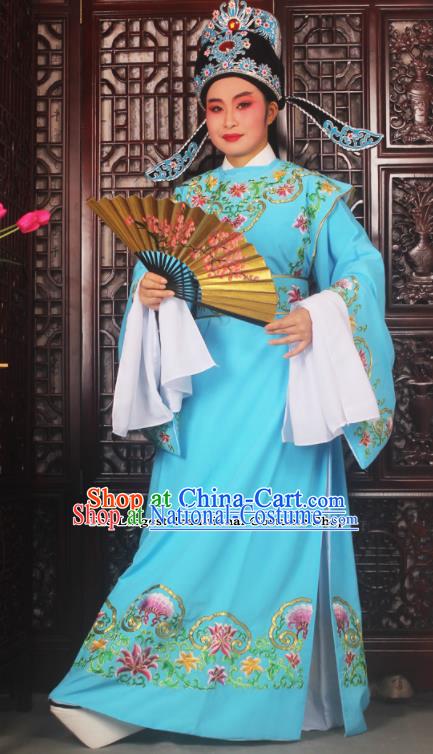 Top Grade Chinese Beijing Opera Niche Blue Costumes Peking Opera Scholar Embroidered Clothing for Adults