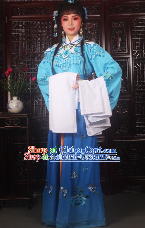 Traditional Chinese Peking Opera Diva Costumes Ancient Palace Princess Blue Embroidered Dress for Adults