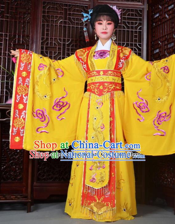 Traditional Chinese Peking Opera Empress Embroidered Costumes Ancient Queen Yellow Dress for Adults