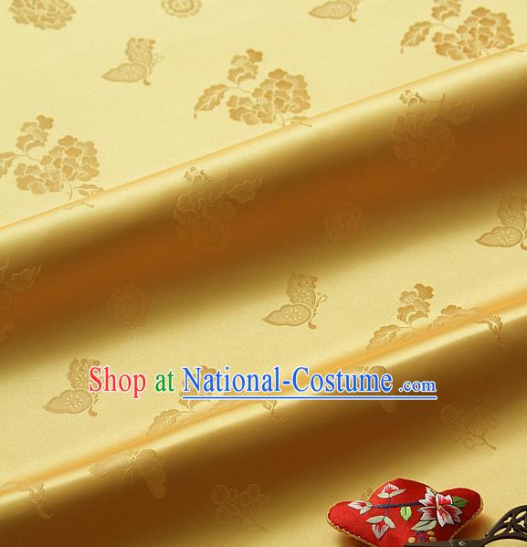 Traditional Asian Classical Peony Butterfly Pattern Yellow Brocade Cloth Drapery Korean Hanbok Palace Satin Silk Fabric