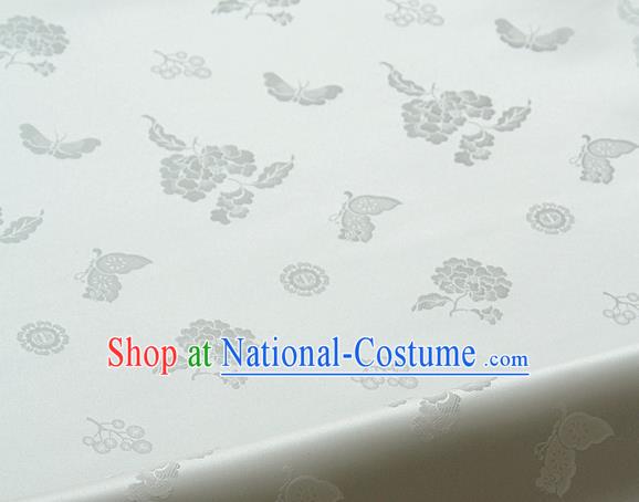 Traditional Asian Classical Peony Butterfly Pattern White Brocade Cloth Drapery Korean Hanbok Palace Satin Silk Fabric