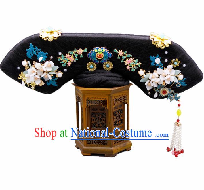 Chinese Traditional Qing Dynasty Hair Accessories Ancient Manchu Imperial Consort Wigs and Hairpins for Women