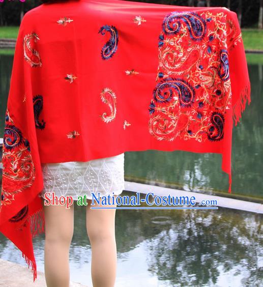 Chinese Traditional Embroidered Scarf Yunnan National Red Wool Cloak for Women