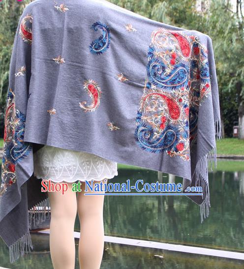 Chinese Traditional Embroidered Scarf Yunnan National Grey Wool Cloak for Women