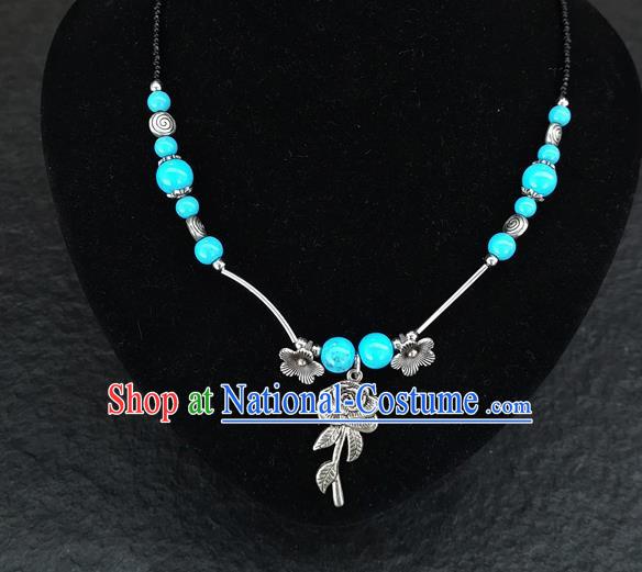 Chinese Traditional Jewelry Accessories Yunnan National Rose Pendant Blue Beads Flagon Necklace for Women