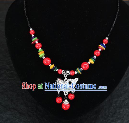 Chinese Traditional Jewelry Accessories Yunnan National Fish Pendant Red Beads Flagon Necklace for Women