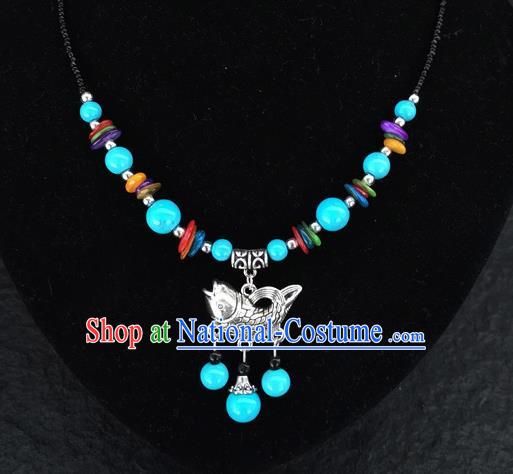 Chinese Traditional Jewelry Accessories Yunnan National Fish Pendant Blue Beads Flagon Necklace for Women