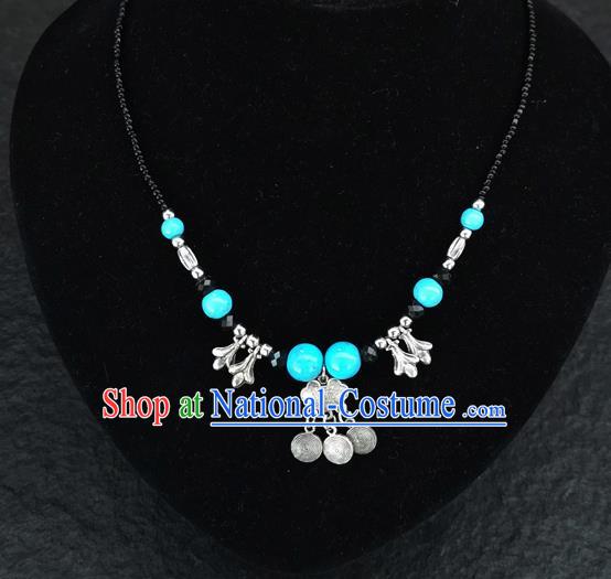 Chinese Traditional Jewelry Accessories Yunnan National Longevity Lock Pendant Blue Beads Necklace for Women