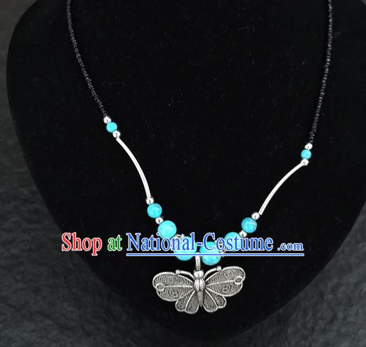 Chinese Traditional Jewelry Accessories Yunnan National Butterfly Pendant Blue Beads Necklace for Women