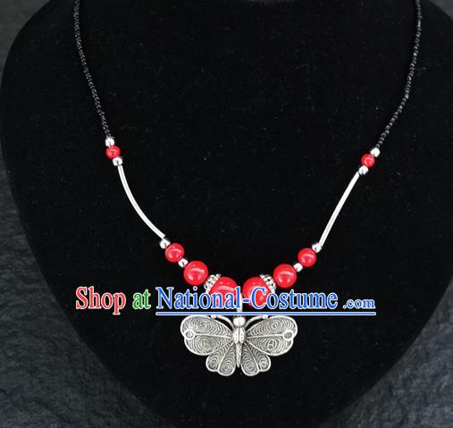 Chinese Traditional Jewelry Accessories Yunnan National Butterfly Pendant Red Beads Necklace for Women