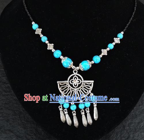 Chinese Traditional Jewelry Accessories Yunnan National Blue Beads Tassel Necklace for Women