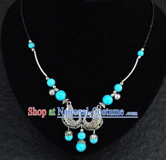 Chinese Traditional Jewelry Accessories Yunnan National Double Fish Blue Beads Minority Necklace for Women