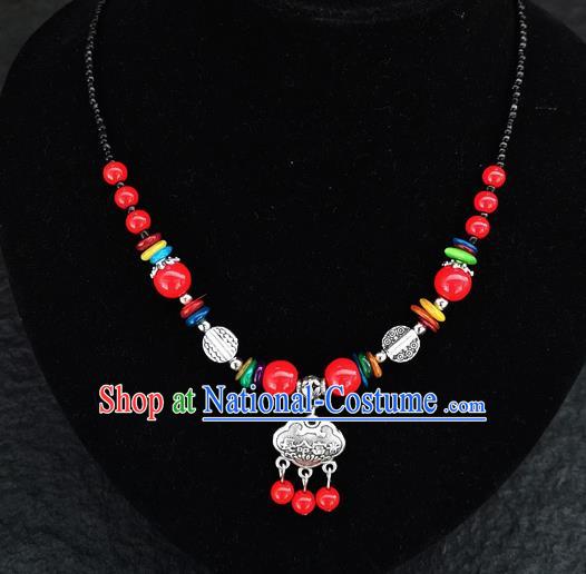 Chinese Traditional Jewelry Accessories Yunnan National Red Beads Longevity Lock Minority Necklace for Women