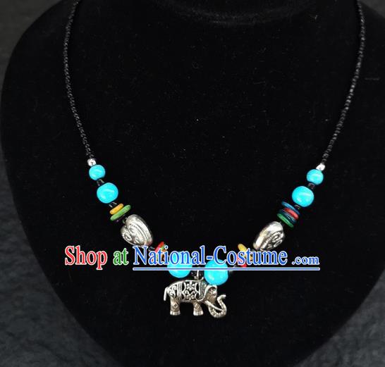 Chinese Traditional Jewelry Accessories Yunnan National Blue Beads Elephant Minority Necklace for Women