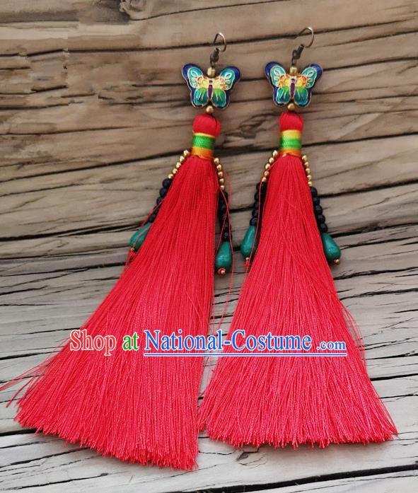 Chinese Traditional Embroidered Butterfly Earrings Yunnan National Red Tassel Eardrop for Women