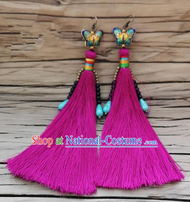 Chinese Traditional Embroidered Butterfly Earrings Yunnan National Rosy Tassel Eardrop for Women