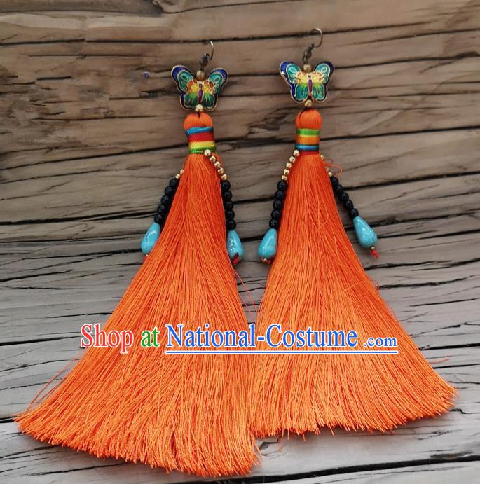 Chinese Traditional Embroidered Butterfly Earrings Yunnan National Orange Tassel Eardrop for Women