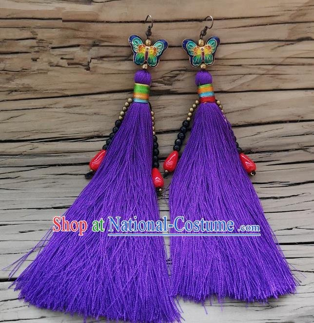 Chinese Traditional Embroidered Butterfly Earrings Yunnan National Purple Tassel Eardrop for Women