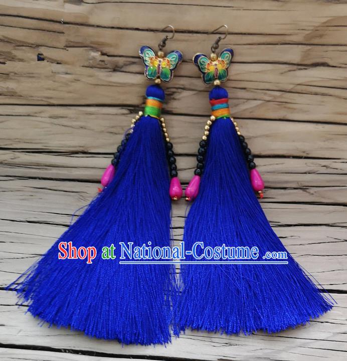 Chinese Traditional Embroidered Butterfly Earrings Yunnan National Royalblue Tassel Eardrop for Women