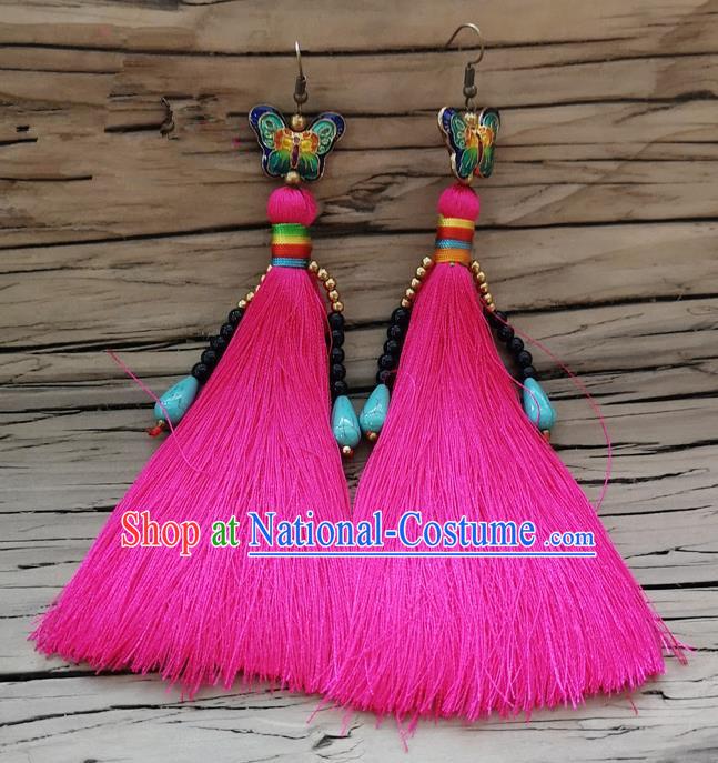 Chinese Traditional Embroidered Butterfly Earrings Yunnan National Tassel Eardrop for Women