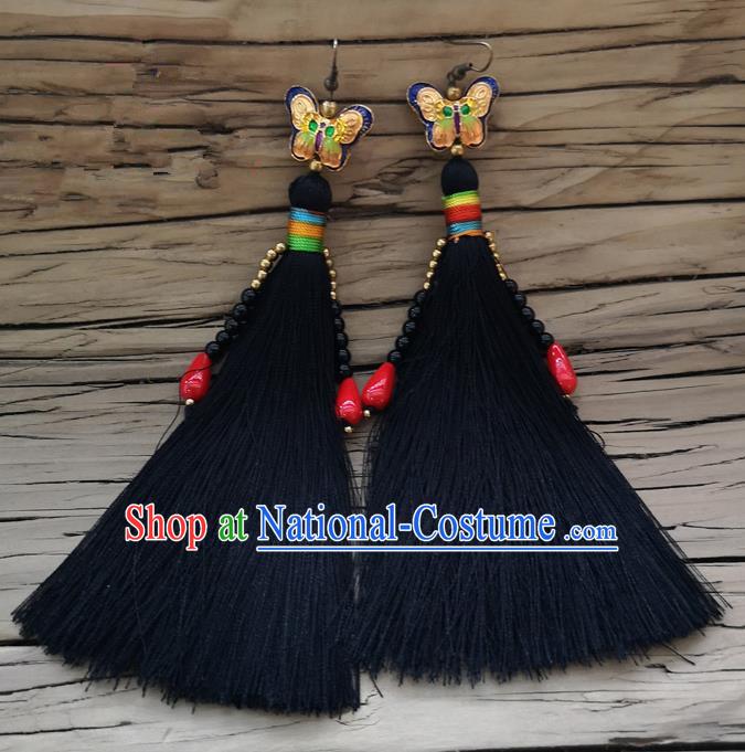 Chinese Traditional Embroidered Butterfly Earrings Yunnan National Black Tassel Eardrop for Women