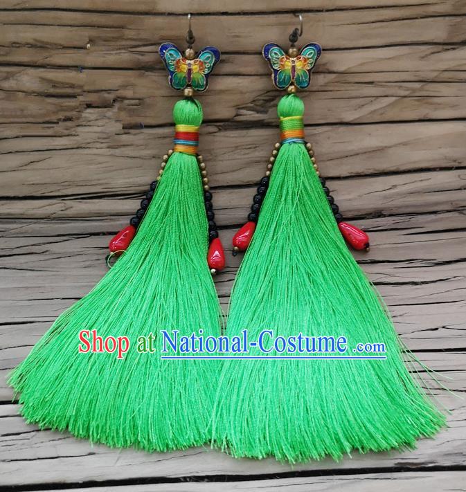 Chinese Traditional Embroidered Butterfly Earrings Yunnan National Green Tassel Eardrop for Women