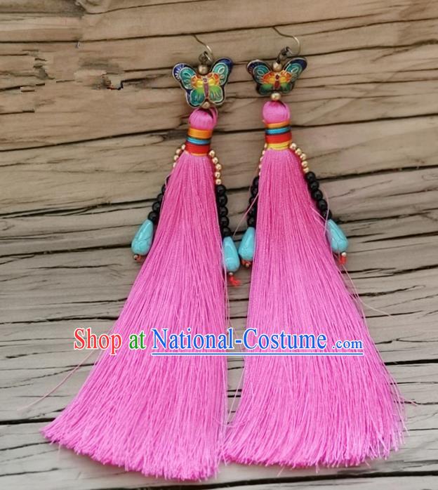 Chinese Traditional Embroidered Butterfly Earrings Yunnan National Pink Tassel Eardrop for Women