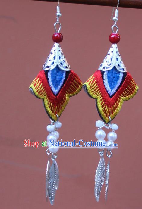 Chinese Traditional Embroidered Red Earrings Yunnan National Tassel Eardrop for Women