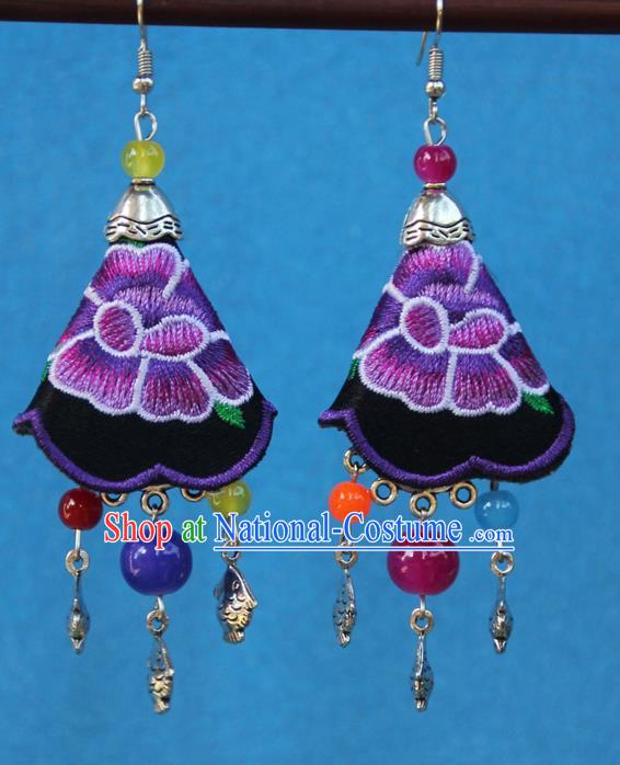 Chinese Traditional Embroidered Purple Earrings Yunnan National Minority Tassel Eardrop for Women