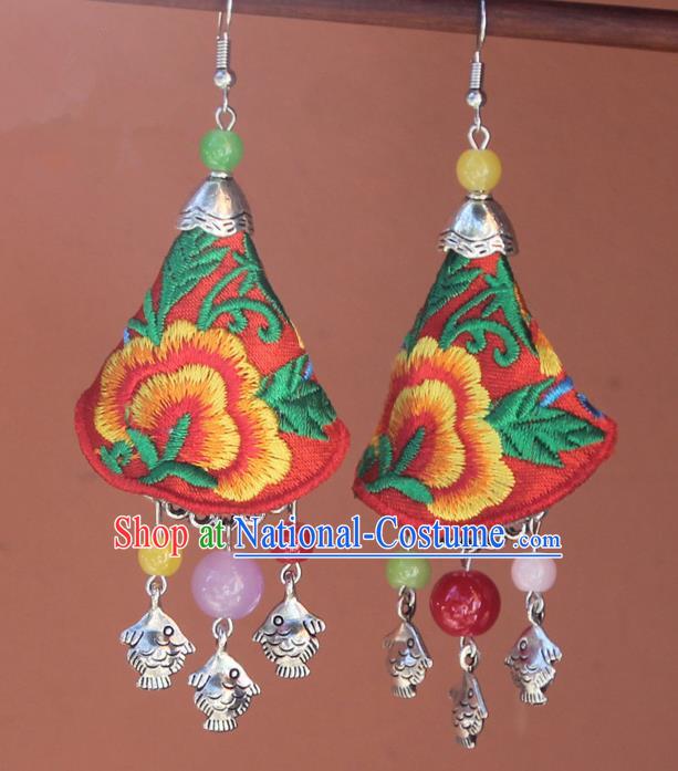 Chinese Traditional Embroidered Red Earrings Yunnan National Minority Tassel Eardrop for Women