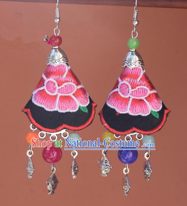 Chinese Traditional Embroidered Pink Earrings Yunnan National Minority Tassel Eardrop for Women