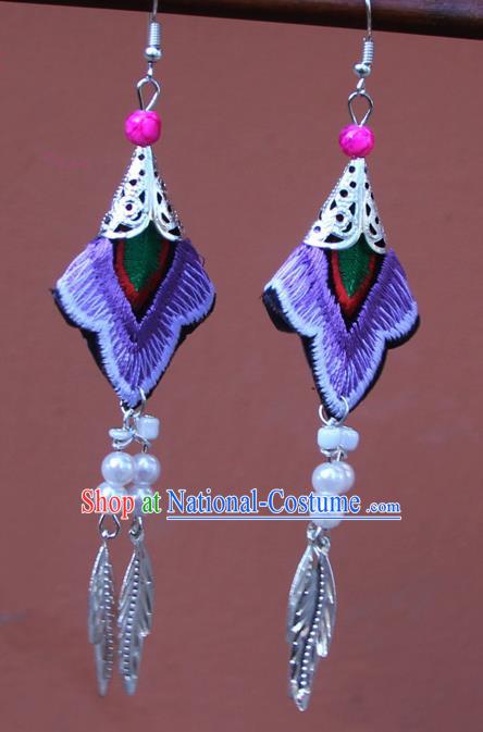 Chinese Traditional Embroidered Purple Earrings Yunnan National Tassel Eardrop for Women