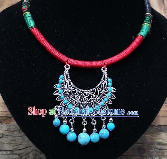 Chinese Traditional Jewelry Accessories Yunnan Minority Sliver Blue Beads Necklace for Women