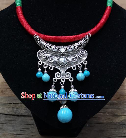 Chinese Traditional Jewelry Accessories Yunnan Minority Sliver Blue Beads Tassel Necklace for Women