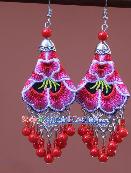 Chinese Traditional Embroidered Pink Peony Earrings Yunnan National Tassel Eardrop for Women