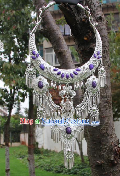 Chinese Traditional Jewelry Accessories Yunnan Miao Minority Sliver Purple Necklace for Women