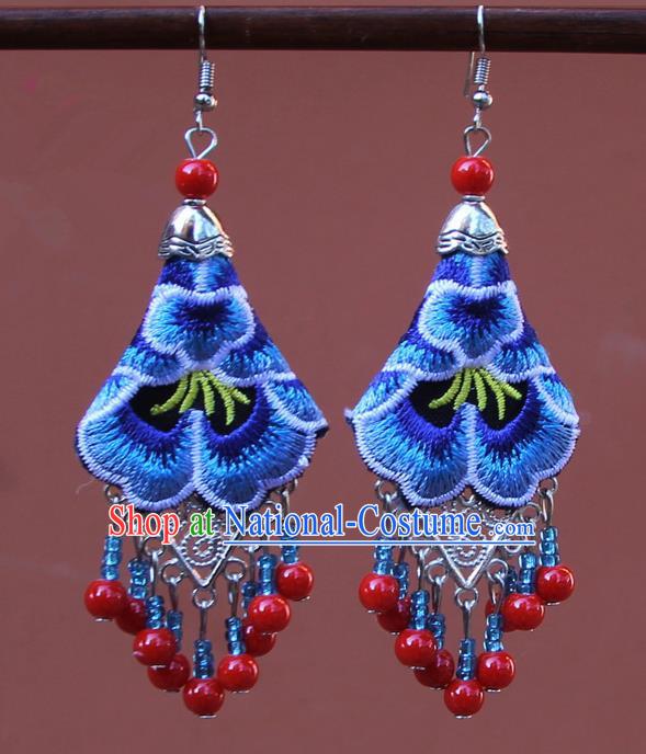 Chinese Traditional Embroidered Blue Peony Earrings Yunnan National Tassel Eardrop for Women