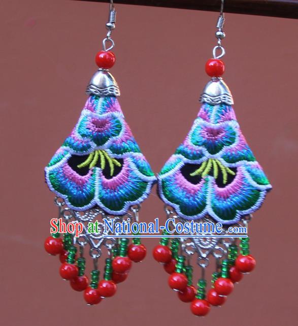 Chinese Traditional Embroidered Green Peony Earrings Yunnan National Tassel Eardrop for Women