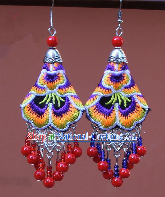 Chinese Traditional Embroidered Purple Peony Earrings Yunnan National Tassel Eardrop for Women