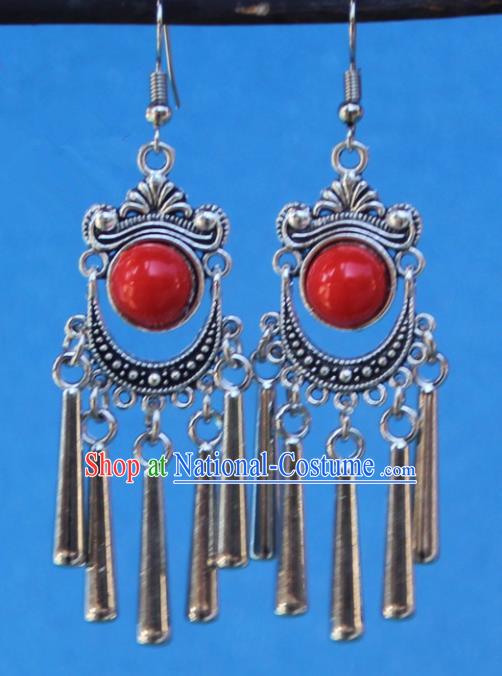 Chinese Traditional Sliver Red Earrings Yunnan National Minority Tassel Eardrop for Women