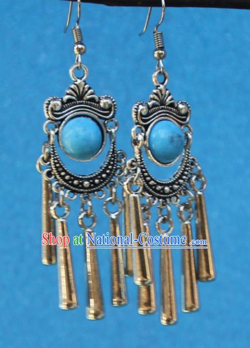 Chinese Traditional Sliver Blue Earrings Yunnan National Minority Tassel Eardrop for Women