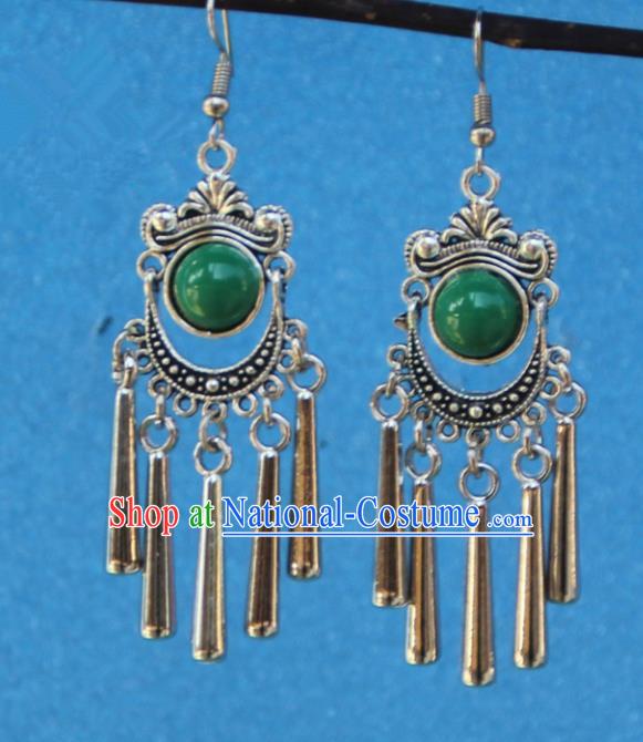 Chinese Traditional Sliver Green Earrings Yunnan National Minority Tassel Eardrop for Women