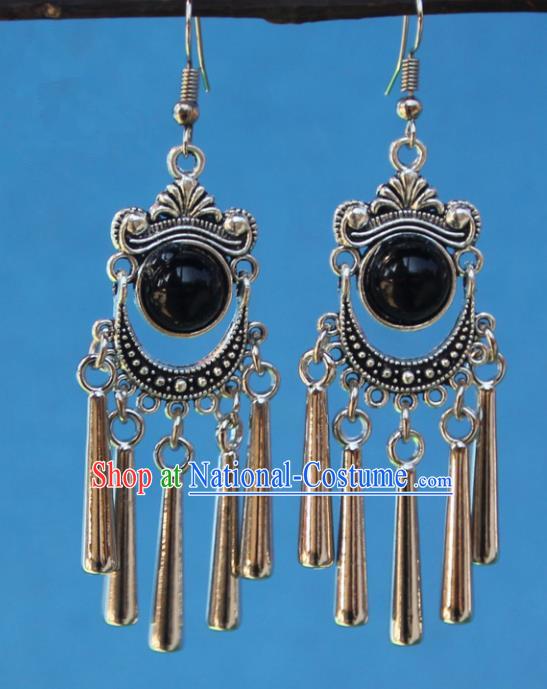 Chinese Traditional Sliver Black Earrings Yunnan National Minority Tassel Eardrop for Women