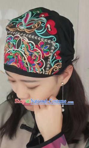 Chinese Traditional Embroidered Black Headscarf Yunnan Dai Minority Hat for Women