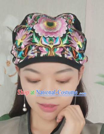 Chinese Traditional Embroidered Pink Peony Headscarf Yunnan Dai Minority Hat for Women