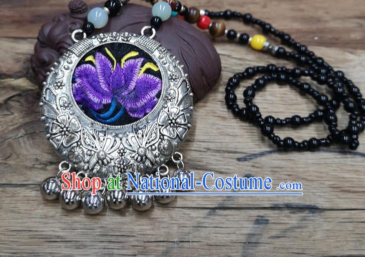 Chinese Traditional Jewelry Accessories Yunnan Miao Minority Embroidered Purple Lotus Necklace for Women