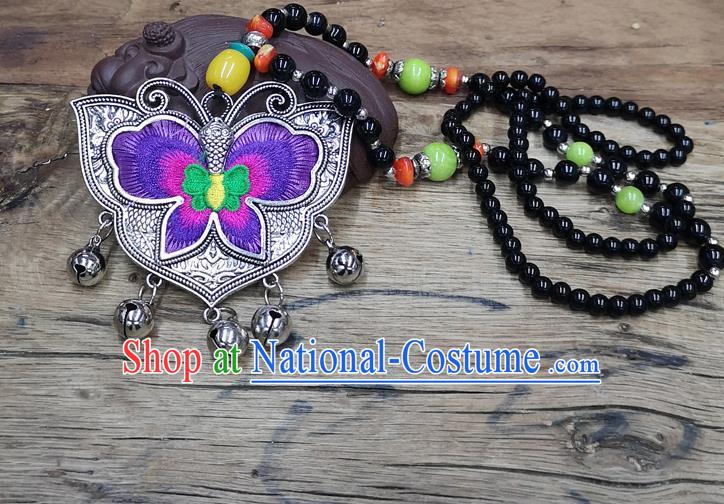 Chinese Traditional Jewelry Accessories Yunnan Miao Minority Embroidered Purple Butterfly Necklace for Women